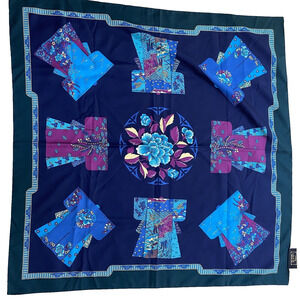 Art Of The Scarf Silky Polyester Large Square Made in Italy Kimono Motif Navy
